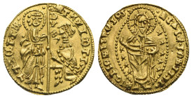 CRUSADERS. Anonymous Venetian Imitation of Chios(?), 1347-1566. Ducat (Gold, 21.72 mm, 3.39 g). Uncertain mint. Doge kneeling left and receiving a ban...
