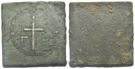 Byzantine Commercial Weight of 2 Unciae. Circa 4th-6th centuries (Bronze, 32.71 x 32.98 mm, 53.73 g). Uniface square weight with plain edges; Γo - B w...