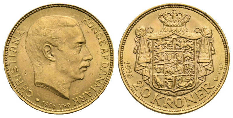 DENMARK. Christian X, 1912-1947. 20 Kroner 1916-VBP (Gold, 23.04 mm, 8.96 g). Co...