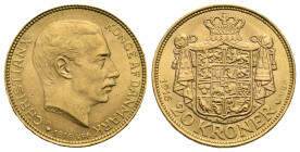 DENMARK. Christian X, 1912-1947. 20 Kroner 1916-VBP (Gold, 23.04 mm, 8.96 g). Copenhagen. CHRISTIAN X - KONGE AF DANMARK - 1916 ♥︎ VBP The bust of Chr...