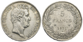 FRANCE. Louis-Philippe I, 1830-1848. 5 Francs, 1831 M (Silver, 37 mm, 24.95 g). Paris. LOUIS PHILIPPE I ROI DES FRANÇAIS Bust to right. Rev. 5 FRANCS ...