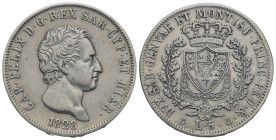 ITALY. Kingdom of Sardinia. Carlo Felice, 1821-1831. 5 Lire 1828-P (Silver, 37.14 mm, 24.74 g). Genova. CAR·FELIX D·G·REX SAR·CYP·ET HIER· Head to rig...