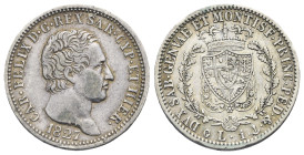 ITALY. Kingdom of Sardinia. Carlo Felice, 1821-1831. 1 Lira 1827-P (Silver, 23.13 mm, 4.92 g). Genova. CAR·FELIX D·G·REX SAR·CYP·ET HIER· Head to righ...