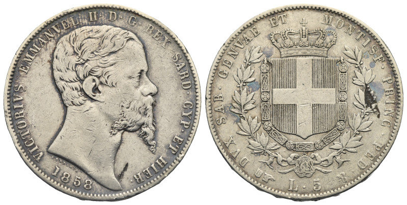 ITALY. Kingdom of Sardinia. Vittorio Emanuele II, 1859-1861. 5 Lire 1858-B (Silv...