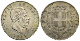 ITALY. Kingdom. Vittorio Emanuele II, 1861-1878. 5 Lire 1869-M BN (Silver, 37.05 mm, 25.01 g). Milano. VITTORIO EMANUELE II Bust of King Victor Emmanu...