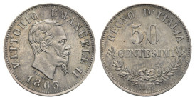 ITALY. Kingdom. Vittorio Emanuele II, 1861-1878. 50 Centesimi 1863-M BN (Silver, 18.04 mm, 2.53 g). Milano. VITTORIO EMANUELE II Head of King Vittorio...