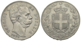 ITALY. Kingdom. Umberto I, 1878-1900. 5 Lire 1879-R (Silver, 37.11 mm, 24.96 g). Roma. UMBERTO I RE D'ITALIA Head of King Umberto I facing right; date...