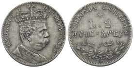 ITALY. Kingdom, Umberto I, 1878-1900. 2 Lire 1890 (Silver, 27.31 mm, 9.99 g). Rome. Minted for circulation in the Eritrean colony. UMBERTO I RE D'ITAL...