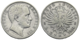 ITALY. Kingdom, Vittorio Emanuele III, 1900-1946. 2 Lire 1904,(Silver, 27.13 mm, 9.83 g), Roma. VITTORIO EMANUELE III Head right; under the cut of the...