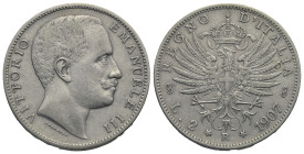 ITALY. Kingdom, Vittorio Emanuele III, 1900-1946. 2 Lire 1907 (Silver, 27.13 mm, 9.92 g), by Filippo Speranza. VITTORIO EMANUELE III Head of Vittorio ...