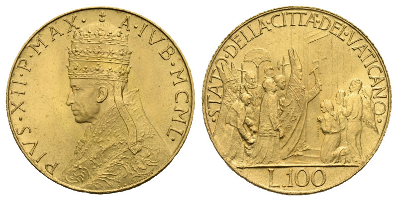 ITALY. Papal States. Pio XII, 1939-1958. 100 Lire 1950 (Gold, 20.82 mm, 5.19 g) ...