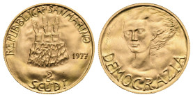 SAN MARINO. 2 Scudi 1977 (Gold, 20.93 mm, 6.00 g). Roma. REPUBBLICA DI SAN MARINO Rock with the three towers of San Marino, each with a feather on top...