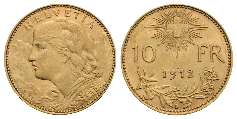 SWITZERLAND. 10 Francs 1912-B (Gold, 19.03 mm, 3.22 g). Bern. HELVETIA Bust of y...