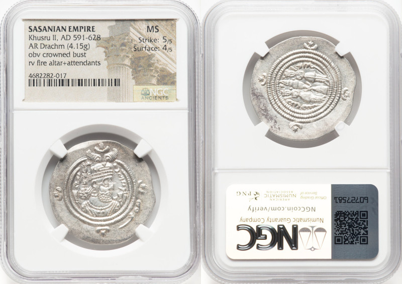 SASANIAN EMPIRE. Khusru II (AD 591-628). AR drachm (31mm, 4.15 gm, 3h). NGC MS 5...