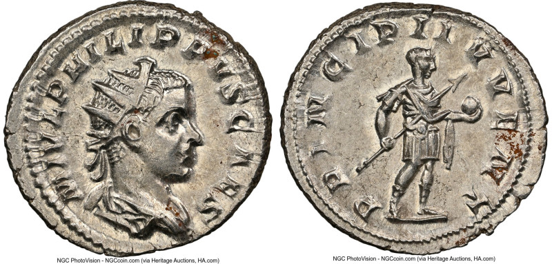 Philip II, as Caesar (AD 247-249). AR antoninianus (22mm, 4.96 gm, 6h). NGC MS 3...