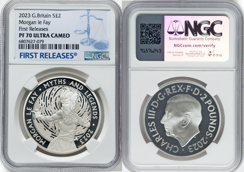 Charles III silver Proof "Morgan le Fay" 2 Pounds (1 oz) 2023 PR70 Ultra Cameo N...