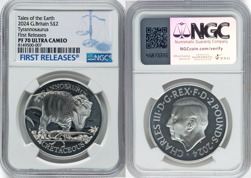 Charles III silver Proof "Tyrannosaurus" 2 Pounds (1 oz) 2024 PR70 Ultra Cameo N...