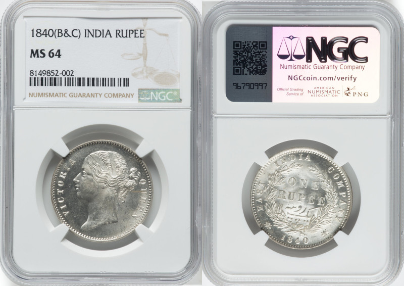 British India. Victoria Rupee 1840-(b&c) MS64 NGC, Calcutta mint, KM458.1, S&W-3...