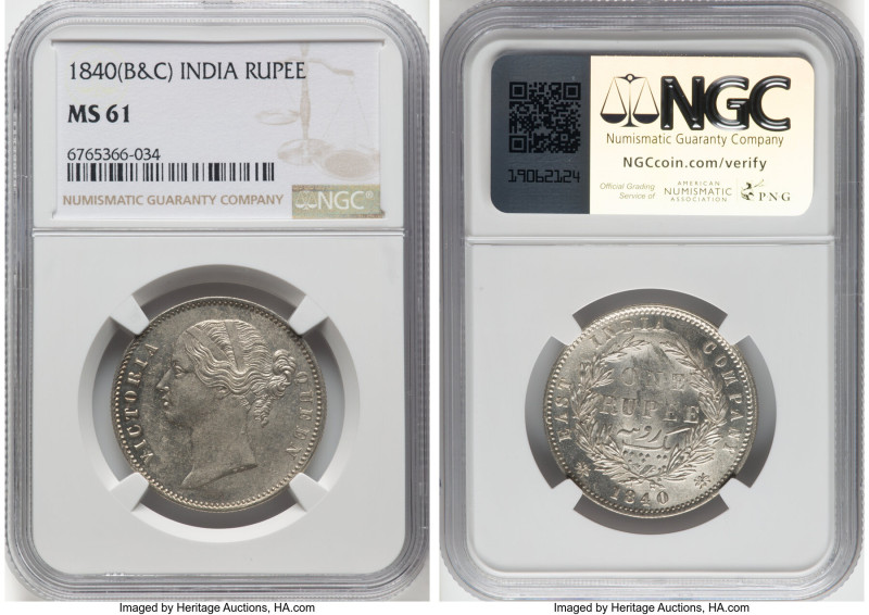 British India. Victoria Pair of Certified Rupees 1840-(b & c) MS61 NGC, Calcutta...