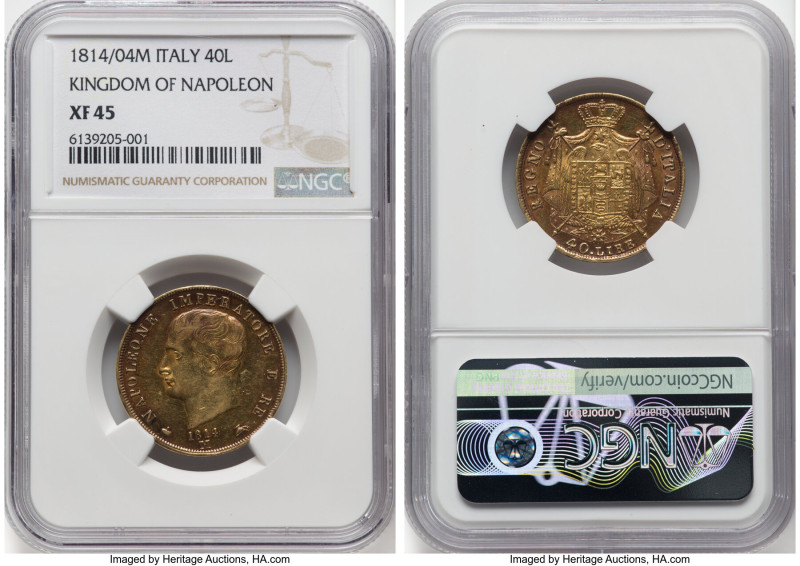 Kingdom of Napoleon. Napoleon I gold 40 Lire 1814/04-M XF45 NGC, Milan mint, KM1...