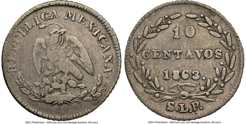 Republic 10 Centavos 1863-SLP VF25 NGC, San Luis Potosi mint, KM401.2. One year ...