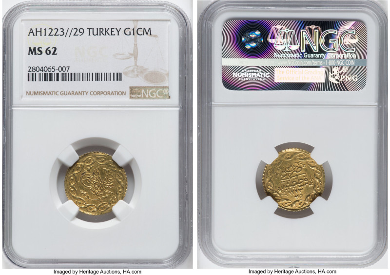 Mahmud II gold Cedid Mahmudiye AH 1223 Year 29 (1835/1836) MS62 NGC, Constantino...