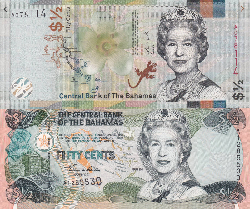 Bahamas, 1/2 Dollar, 2001/2009, UNC, p38;pA77, (Total 2 banknotes)

Estimate: ...