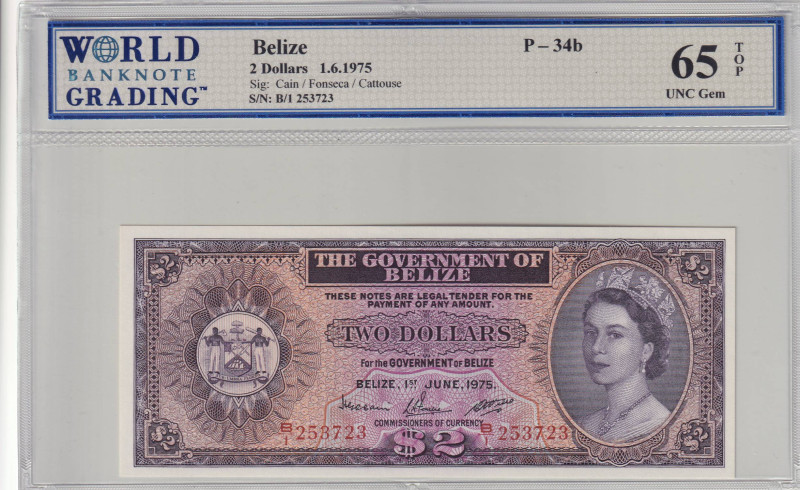 Belize, 2 Dollars, 1975, UNC, p34b

Estimate: USD 250-500