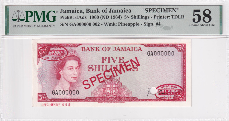 Jamaica, 5 Shilings, 1960, AUNC, p51Ads, SPECIMEN

Estimate: USD 150-300