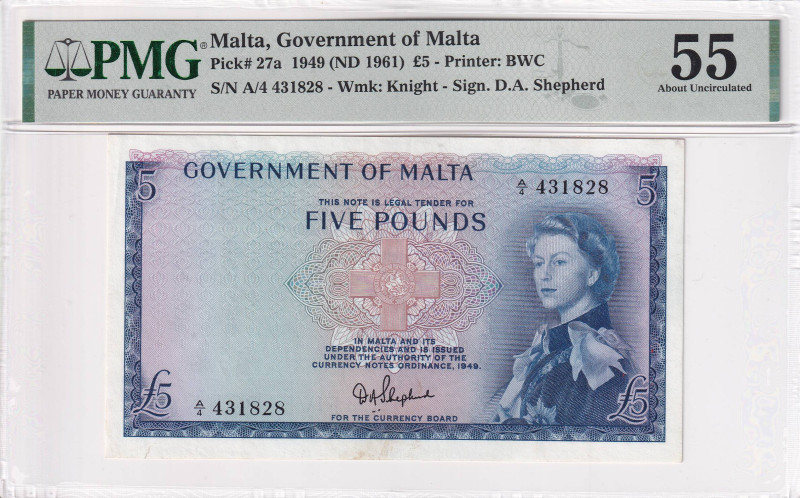 Malta, 5 Pounds, 1961, AUNC, p27a

Estimate: USD 1000-2000