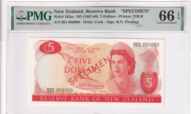 New Zealand, 5 Dollars, 1967/1968, UNC, p165as, SPECIMEN

Estimate: USD 600-12...