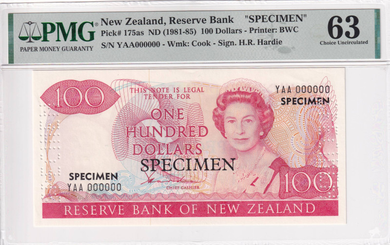 New Zealand, 100 Dollars, 1981/1985, UNC, p175as, SPECIMEN

Estimate: USD 500-...