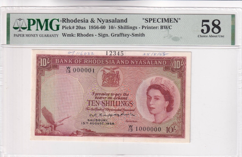 Rhodesia & Nyasaland, 10 Shillings, 1956/1960, AUNC, p20as, SPECIMEN

Estimate...