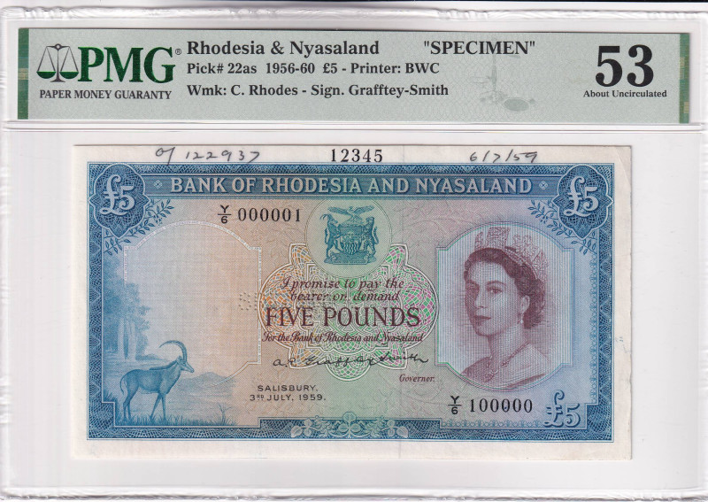 Rhodesia & Nyasaland, 5 Pounds, 1956/1960, AUNC, p22as, SPECIMEN

Estimate: US...