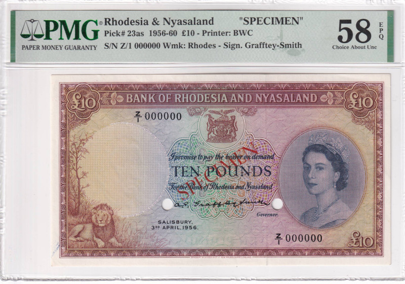 Rhodesia & Nyasaland, 10 Pounds, 1956/1960, AUNC, p23as, SPECIMEN

Estimate: U...