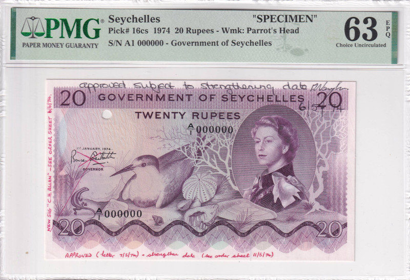 Seychelles, 20 Rupees, 1974, UNC, p16cs, SPECIMEN

Estimate: USD 300-600