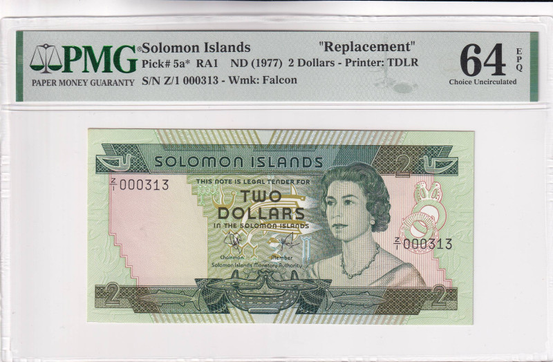 Solomon Islands, 2 Dollars, 1977, UNC, p5a, REPLACEMENT

Estimate: USD 250-500