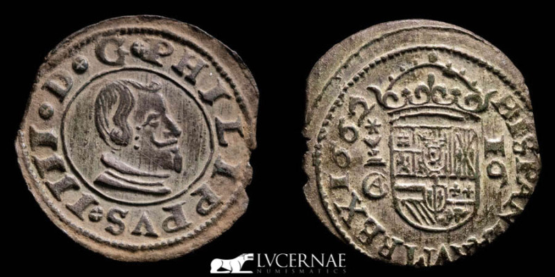 Spain - Philip IV (1662-1664) 

16 maravedís of cooper. Minted in Cuenca, 1662.
...