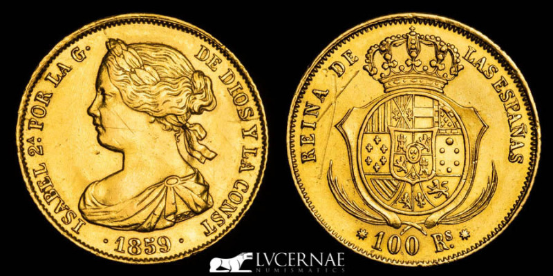 Spain - Isabel II (1833 - 1868) Gold 100 reales. Minted in Barcelona, 1859.

8.3...