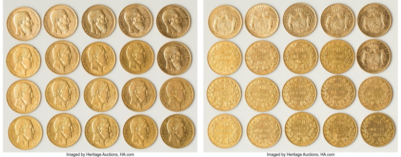 Leopold II 20-Piece Lot of Uncertified Assorted gold 20 Francs, As pictured. Tot...