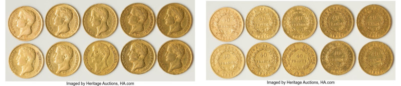 Napoleon 10-Piece Lot of Uncertified Assorted gold 40 Francs, As pictured. Total...