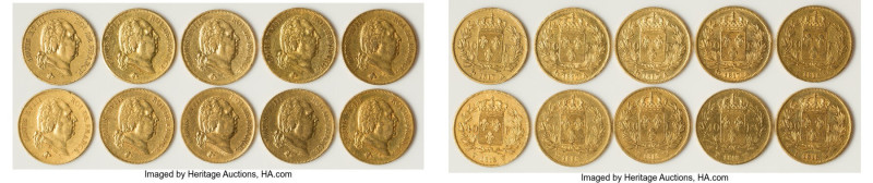 Louis XVIII 10-Piece Lot of Uncertified Assorted gold 40 Francs, As pictured. To...