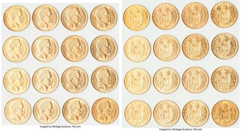 Napoleon III 16-Piece Lot of Uncertified Assorted gold 20 Francs, Dates varied, ...