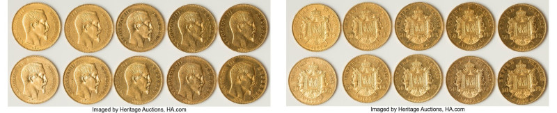 Napoleon III 10-Piece Lot of Uncertified gold 50 Francs 1857-A, As pictured. Tot...