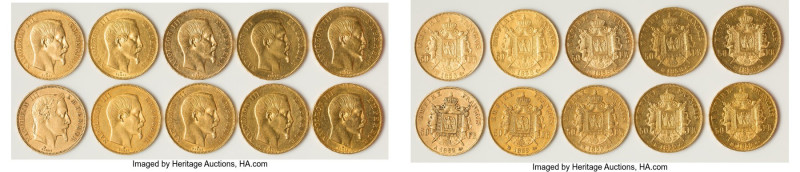 Napoleon III 10-Piece Lot of Uncertified Assorted gold 50 Francs, As pictured. T...