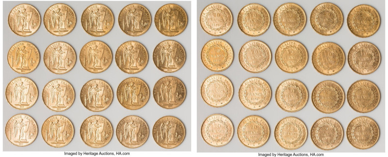 Republic 20-Piece Lot of Uncertified gold 20 Francs 1878-A, As pictured. Total A...