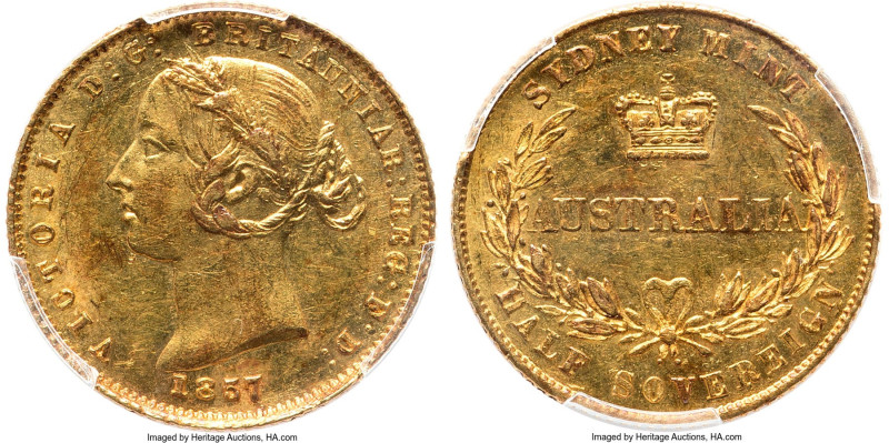 Victoria gold 1/2 Sovereign 1857-SYDNEY MS62 PCGS, Sydney mint, KM3, Marsh-382. ...