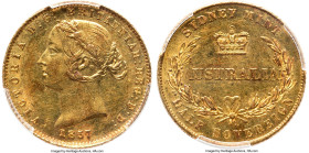 Victoria gold 1/2 Sovereign 1857-SYDNEY MS62 PCGS, Sydney mint, KM3, Marsh-382. Facing up with vivid touches of magenta iridescence and a warm amber t...