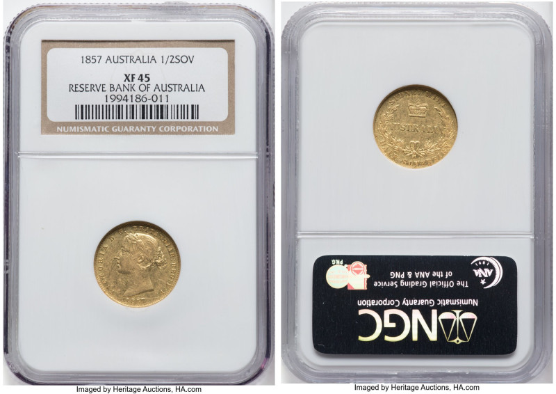 Victoria gold 1/2 Sovereign 1857-SYDNEY XF45 NGC, Sydney mint, KM3, Marsh-382. E...