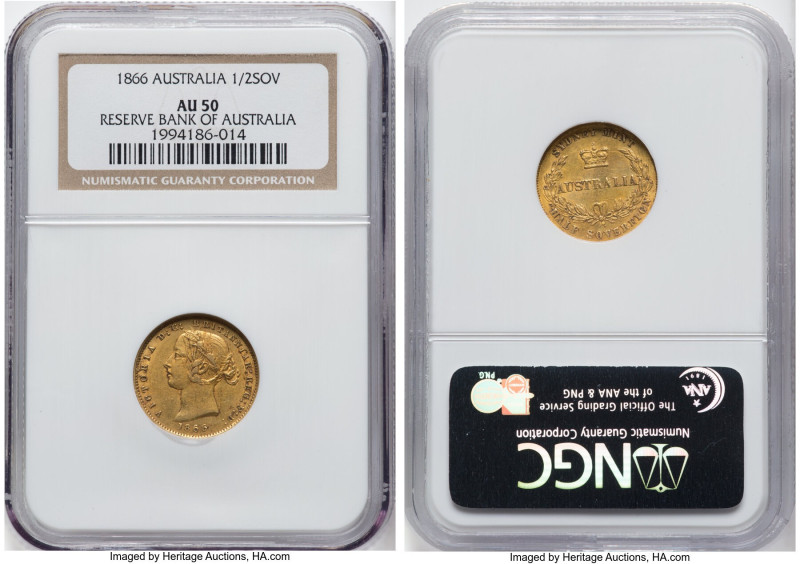 Victoria gold 1/2 Sovereign 1866-SYDNEY AU50 NGC, Sydney mint, KM3, Marsh-391 (R...